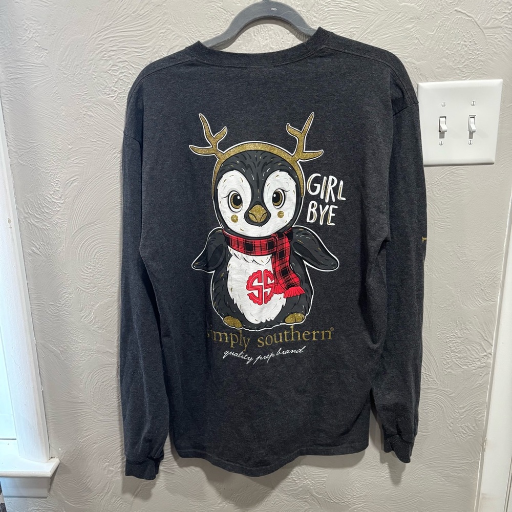 Simply Southern Charcoal Long Sleeve Tee with Penguin Size Large